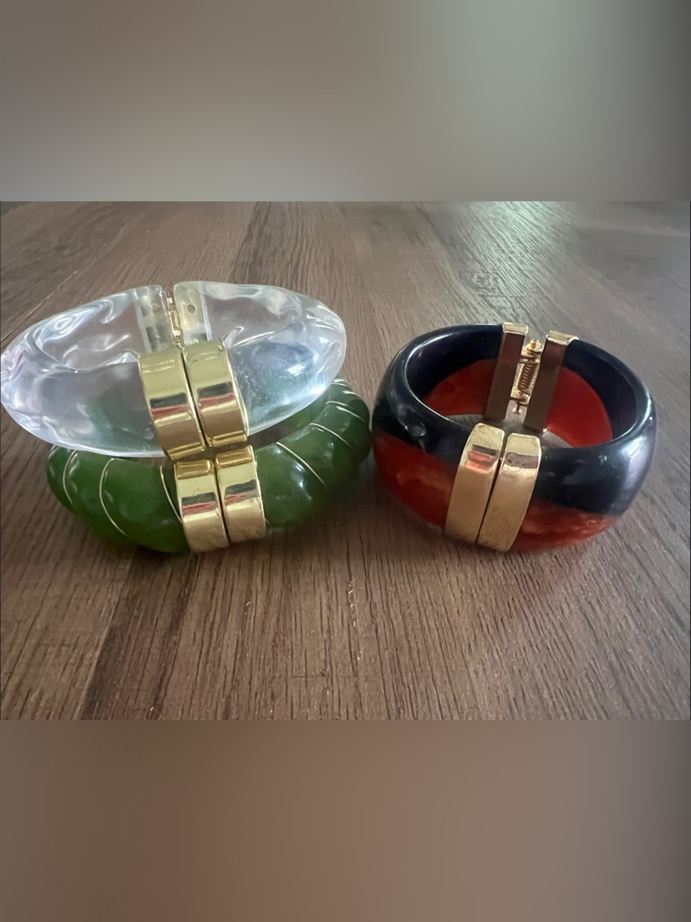 Gold-Accent Clear, Green and Black-Red Resin Bangle Set